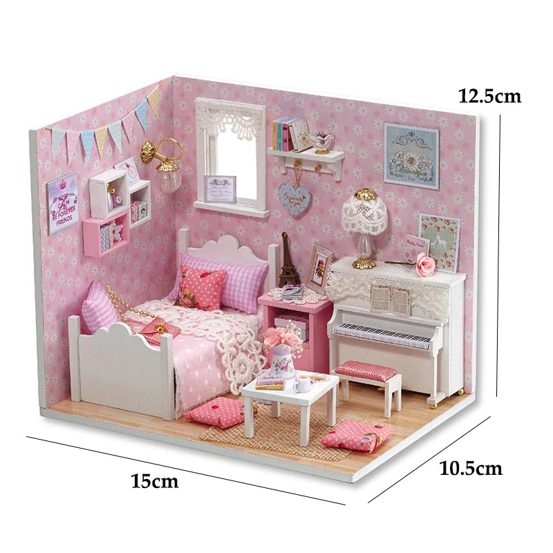 Kitten Mini Doll House 3D Puzzle Assembly Model Building Kit Creative Room Bedroom Decoration with Furniture Wooden Crafts Gifts
