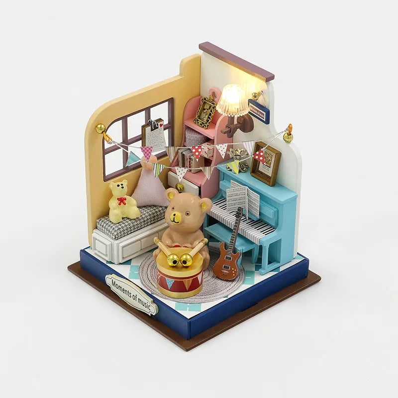 Coffee Store Wooden Mini Doll Houses Miniature 3D Puzzle Assembly Building Kits with Furniture LED Dollhouse Toys for Kid Gifts