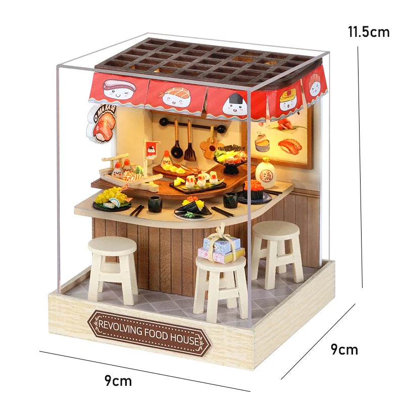 Coffee Store Wooden Mini Doll Houses Miniature 3D Puzzle Assembly Building Kits with Furniture LED Dollhouse Toys for Kid Gifts