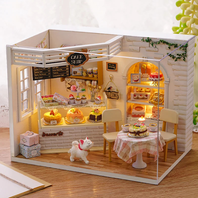 Kitten Mini Doll House 3D Puzzle Assembly Model Building Kit Creative Room Bedroom Decoration with Furniture Wooden Crafts Gifts