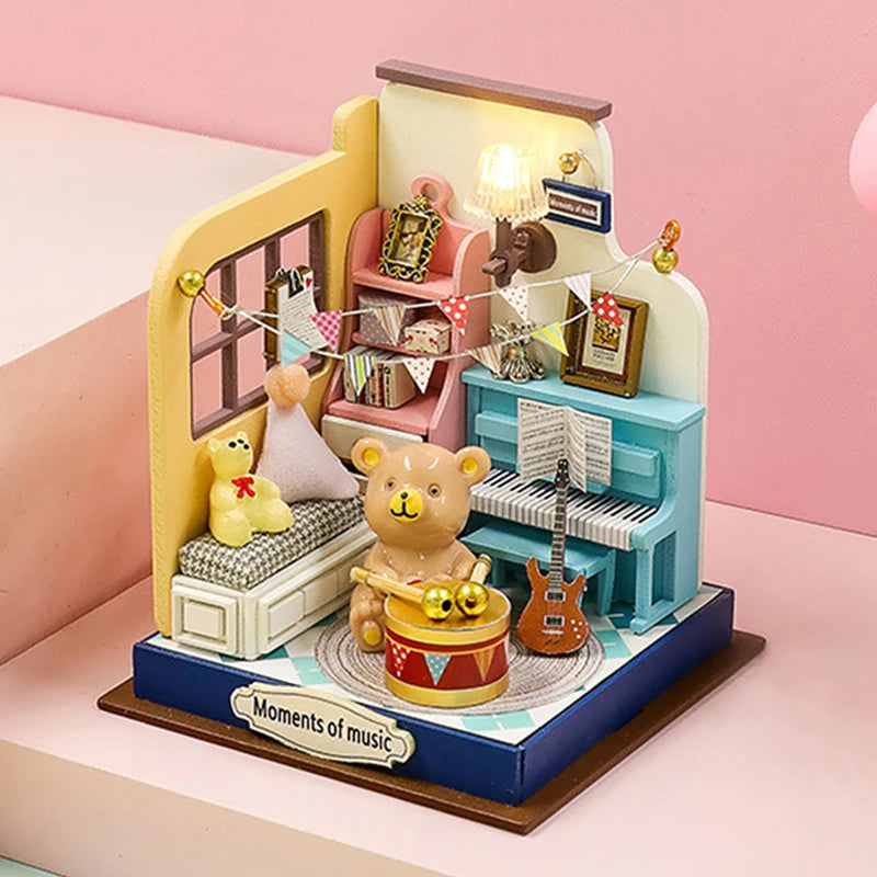 Coffee Store Wooden Mini Doll Houses Miniature 3D Puzzle Assembly Building Kits with Furniture LED Dollhouse Toys for Kid Gifts