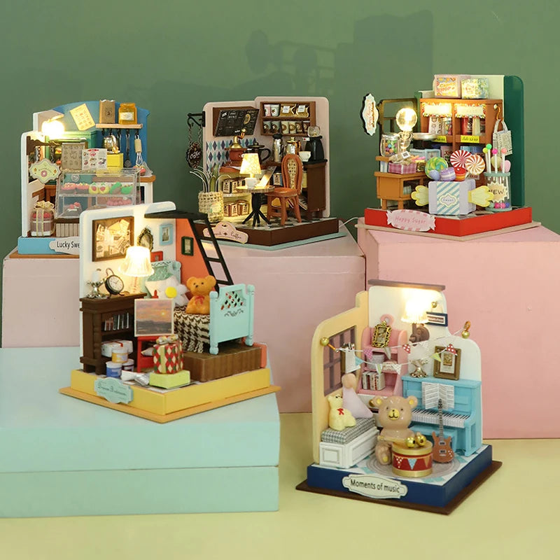 Coffee Store Wooden Mini Doll Houses Miniature 3D Puzzle Assembly Building Kits with Furniture LED Dollhouse Toys for Kid Gifts
