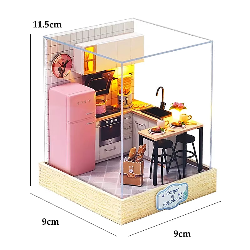 Coffee Store Wooden Mini Doll Houses Miniature 3D Puzzle Assembly Building Kits with Furniture LED Dollhouse Toys for Kid Gifts
