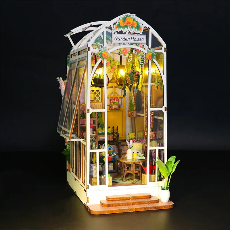 DIY Garden House Book Nook Shelf Insert Miniature Building Kits Wooden Flower Garden Room Bookshelf with LED Lights Dollhouse