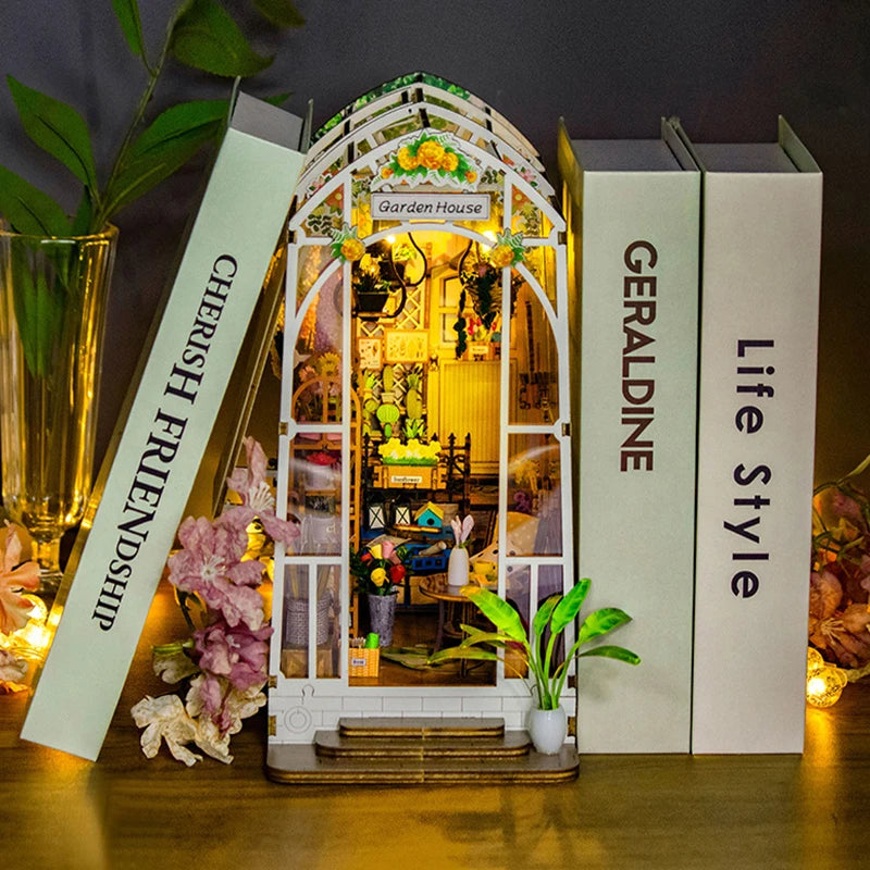 DIY Garden House Book Nook Shelf Insert Miniature Building Kits Wooden Flower Garden Room Bookshelf with LED Lights Dollhouse