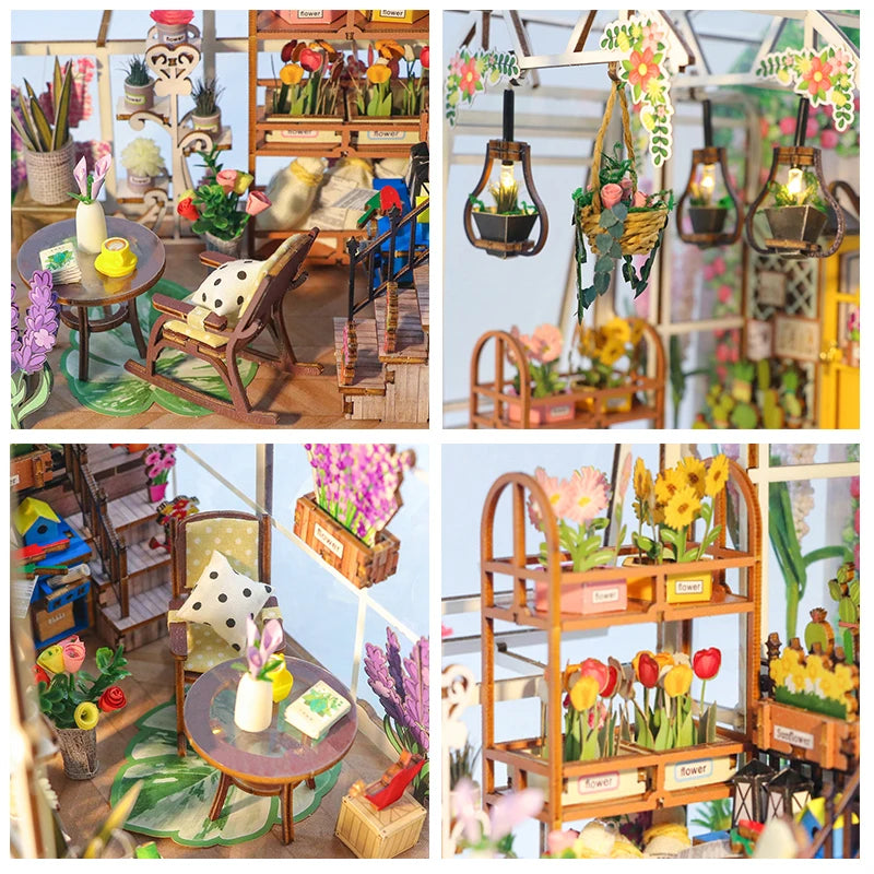 DIY Garden House Book Nook Shelf Insert Miniature Building Kits Wooden Flower Garden Room Bookshelf with LED Lights Dollhouse