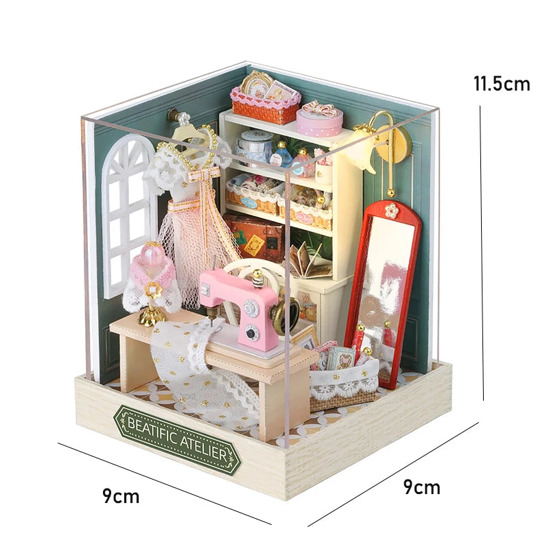 Coffee Store Wooden Mini Doll Houses Miniature 3D Puzzle Assembly Building Kits with Furniture LED Dollhouse Toys for Kid Gifts
