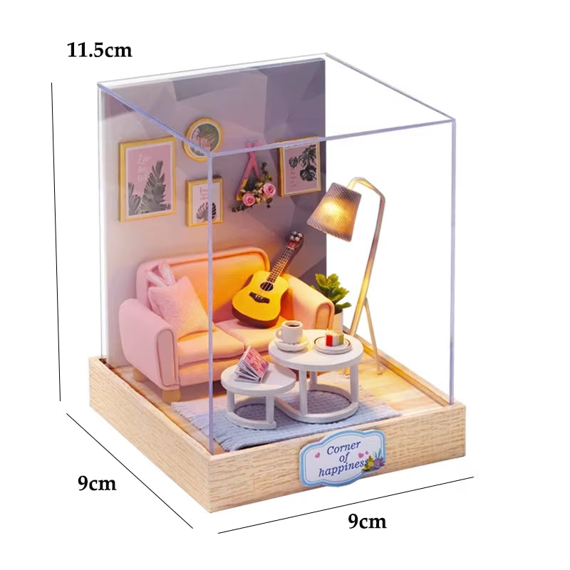 Coffee Store Wooden Mini Doll Houses Miniature 3D Puzzle Assembly Building Kits with Furniture LED Dollhouse Toys for Kid Gifts