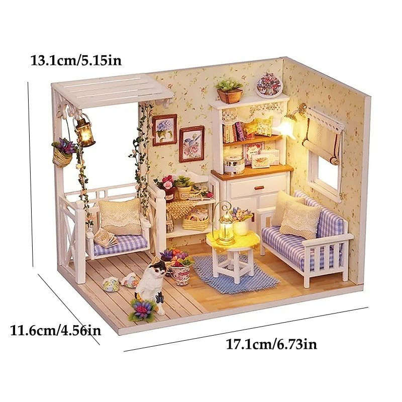 Kitten Mini Doll House 3D Puzzle Assembly Model Building Kit Creative Room Bedroom Decoration with Furniture Wooden Crafts Gifts