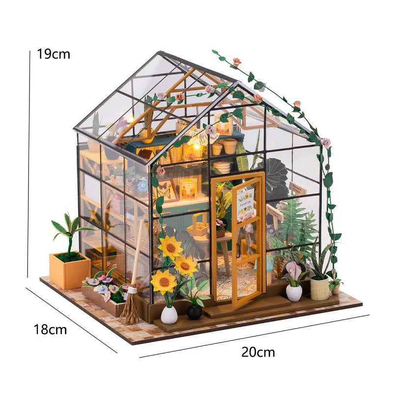 DIY Garden House Book Nook Shelf Insert Miniature Building Kits Wooden Flower Garden Room Bookshelf with LED Lights Dollhouse