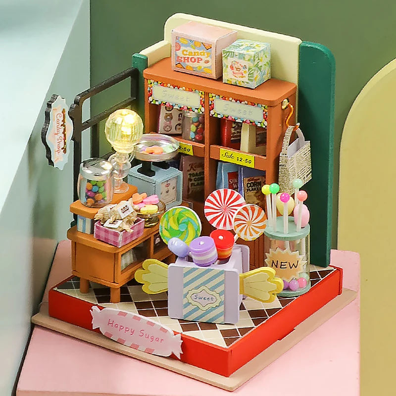 Coffee Store Wooden Mini Doll Houses Miniature 3D Puzzle Assembly Building Kits with Furniture LED Dollhouse Toys for Kid Gifts