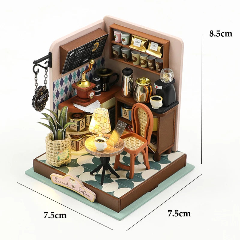 Coffee Store Wooden Mini Doll Houses Miniature 3D Puzzle Assembly Building Kits with Furniture LED Dollhouse Toys for Kid Gifts