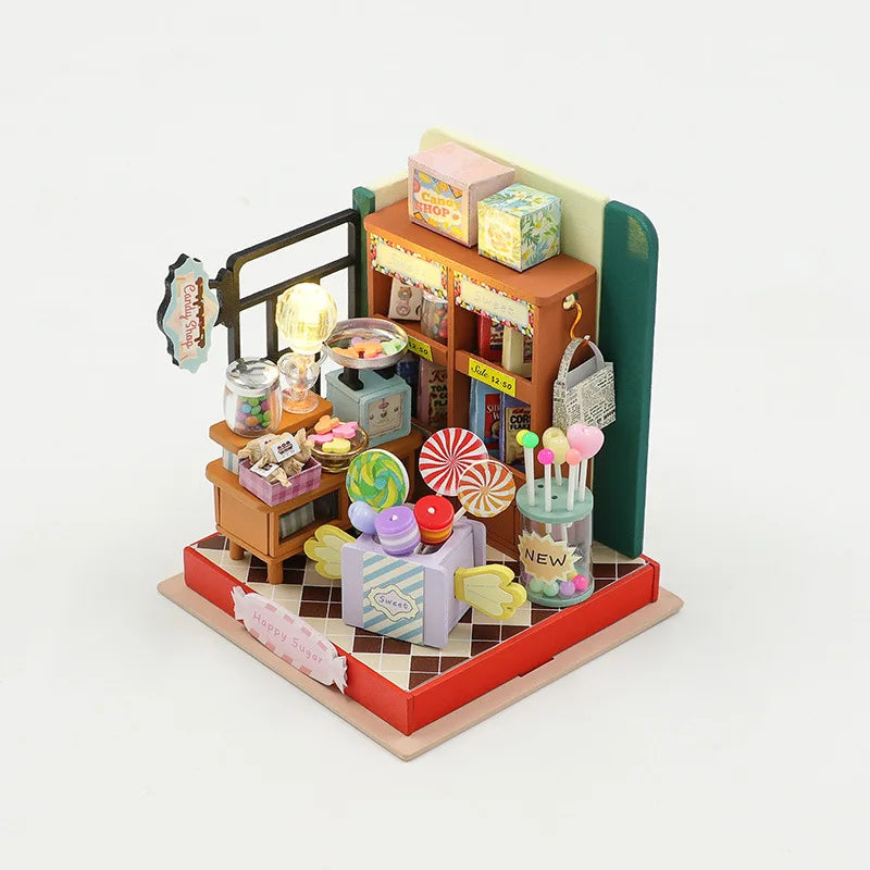 Coffee Store Wooden Mini Doll Houses Miniature 3D Puzzle Assembly Building Kits with Furniture LED Dollhouse Toys for Kid Gifts