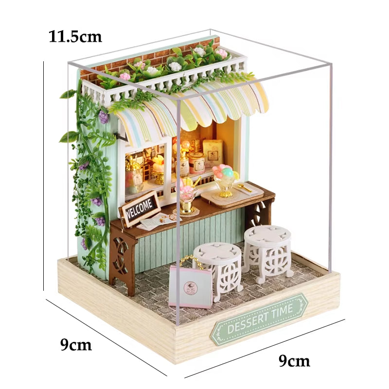 Coffee Store Wooden Mini Doll Houses Miniature 3D Puzzle Assembly Building Kits with Furniture LED Dollhouse Toys for Kid Gifts