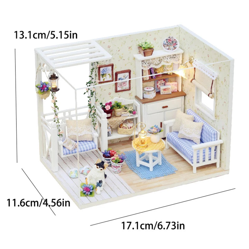 Kitten Mini Doll House 3D Puzzle Assembly Model Building Kit Creative Room Bedroom Decoration with Furniture Wooden Crafts Gifts