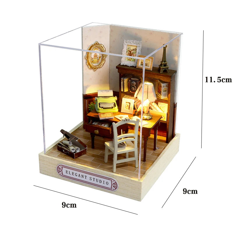 Coffee Store Wooden Mini Doll Houses Miniature 3D Puzzle Assembly Building Kits with Furniture LED Dollhouse Toys for Kid Gifts