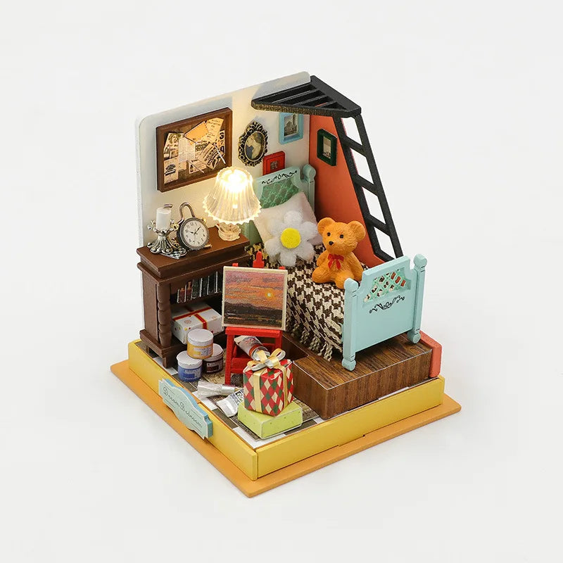 Coffee Store Wooden Mini Doll Houses Miniature 3D Puzzle Assembly Building Kits with Furniture LED Dollhouse Toys for Kid Gifts