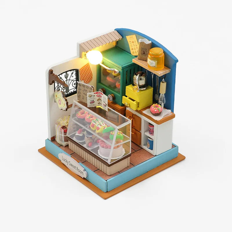 Coffee Store Wooden Mini Doll Houses Miniature 3D Puzzle Assembly Building Kits with Furniture LED Dollhouse Toys for Kid Gifts