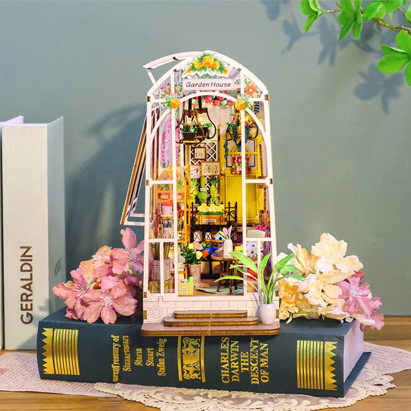 DIY Garden House Book Nook Shelf Insert Miniature Building Kits Wooden Flower Garden Room Bookshelf with LED Lights Dollhouse