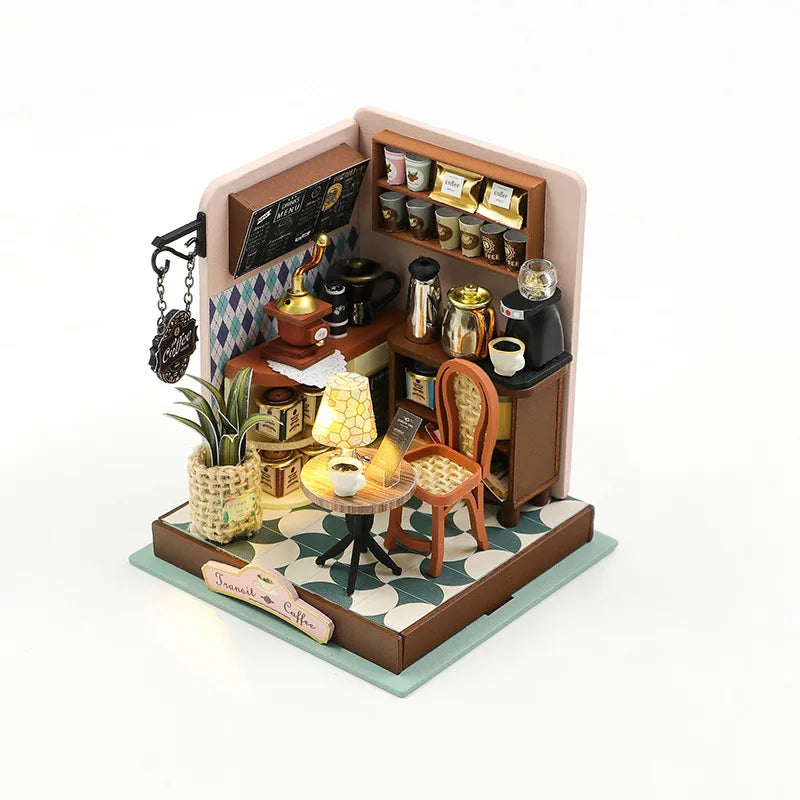 Coffee Store Wooden Mini Doll Houses Miniature 3D Puzzle Assembly Building Kits with Furniture LED Dollhouse Toys for Kid Gifts