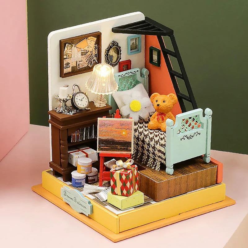 Coffee Store Wooden Mini Doll Houses Miniature 3D Puzzle Assembly Building Kits with Furniture LED Dollhouse Toys for Kid Gifts