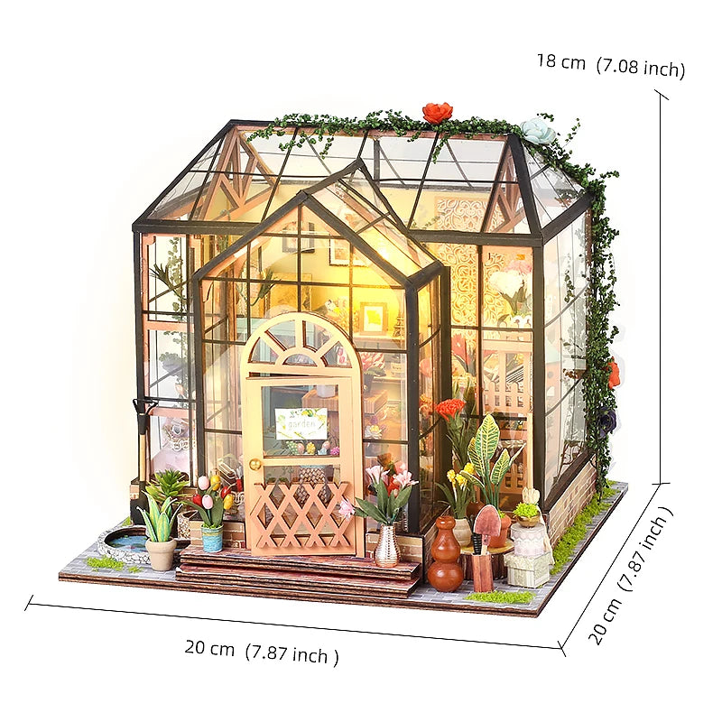 DIY Garden House Book Nook Shelf Insert Miniature Building Kits Wooden Flower Garden Room Bookshelf with LED Lights Dollhouse