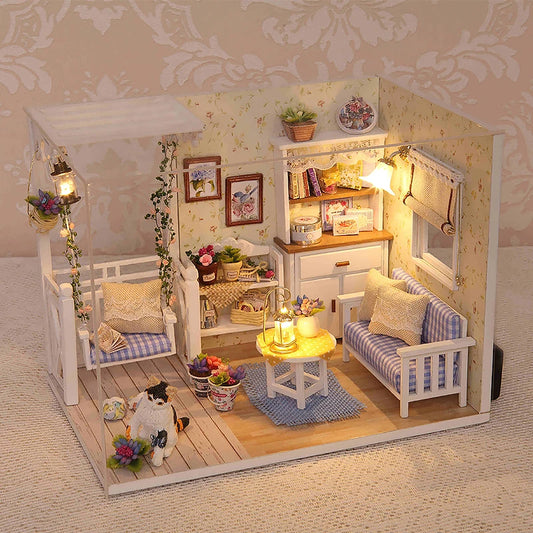 Kitten Mini Doll House 3D Puzzle Assembly Model Building Kit Creative Room Bedroom Decoration with Furniture Wooden Crafts Gifts