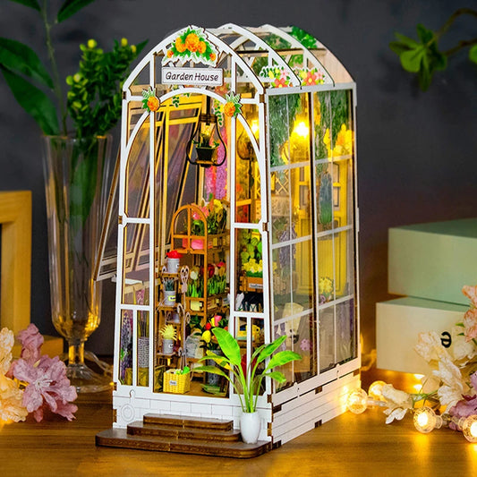 DIY Garden House Book Nook Shelf Insert Miniature Building Kits Wooden Flower Garden Room Bookshelf with LED Lights Dollhouse